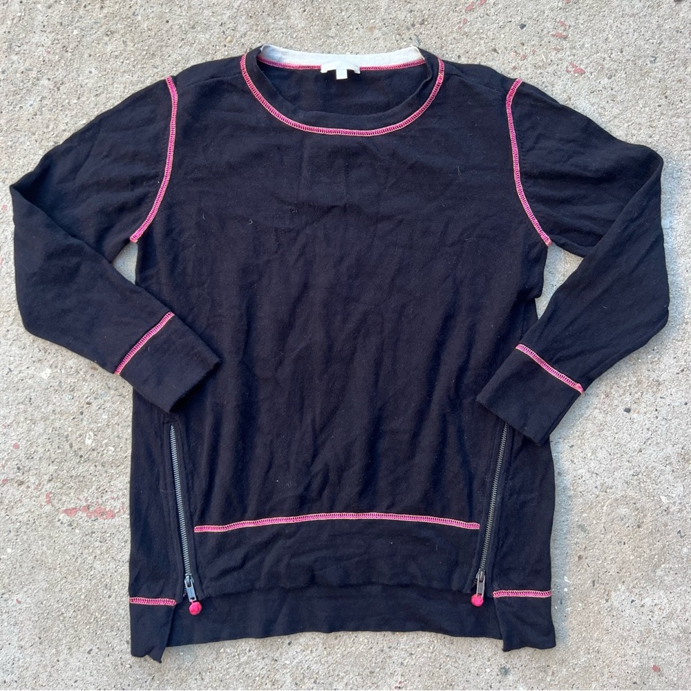 Lisa Todd Women's Sweater L Pullover Zip Pom Pom Cotton Cashmere Pink Black